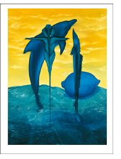 Bild: Erich Kraft, Kunstpostkarten. Titel:     Diskusion der Fische
         vor einer blauen Zitronewährend der Kreuzigung eines kleinen Elefanten</p> 