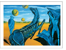 Bild: Erich Kraft, Kunstpostkarten. Titel: 
       Pegasus verliert seine Flügel beim Anblick unerklärlicher Glocken aus einer anderen Dimension