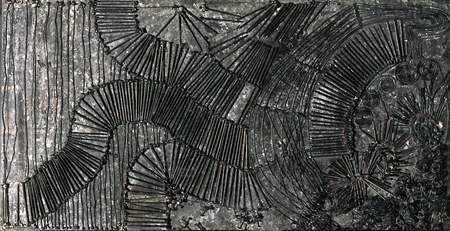 Bild: Erich Kraft - Ohne Titel, Collage in Schwarz mit Nägel