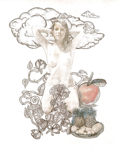 Bild: Erich Kraft - Ohne Titel, Akt mit Obst, Frottage, Federzeichnung