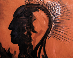 Bild: Erich Kraft - Irokese, Profilporträt in schwarz auf rotem Hintergrund