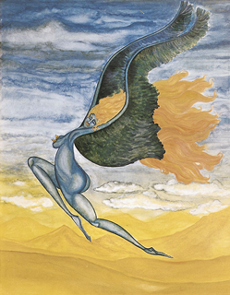 Bild: Erich Kraft – Elfetrischel, hüpfender, weiblicher Naturgeist in gelb und blau