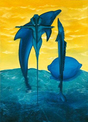 Erich Kraft,  Diskusion der Fische vor einer blauen Zitrone, während der Kreuzigung eines kleinen Elefanten 