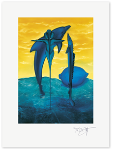 Link zum Kunstdruck Erich Kraft, Diskussion der Fische vor einer blauen Zitrone, während der Kreuzigung eines kleinen Elefanten