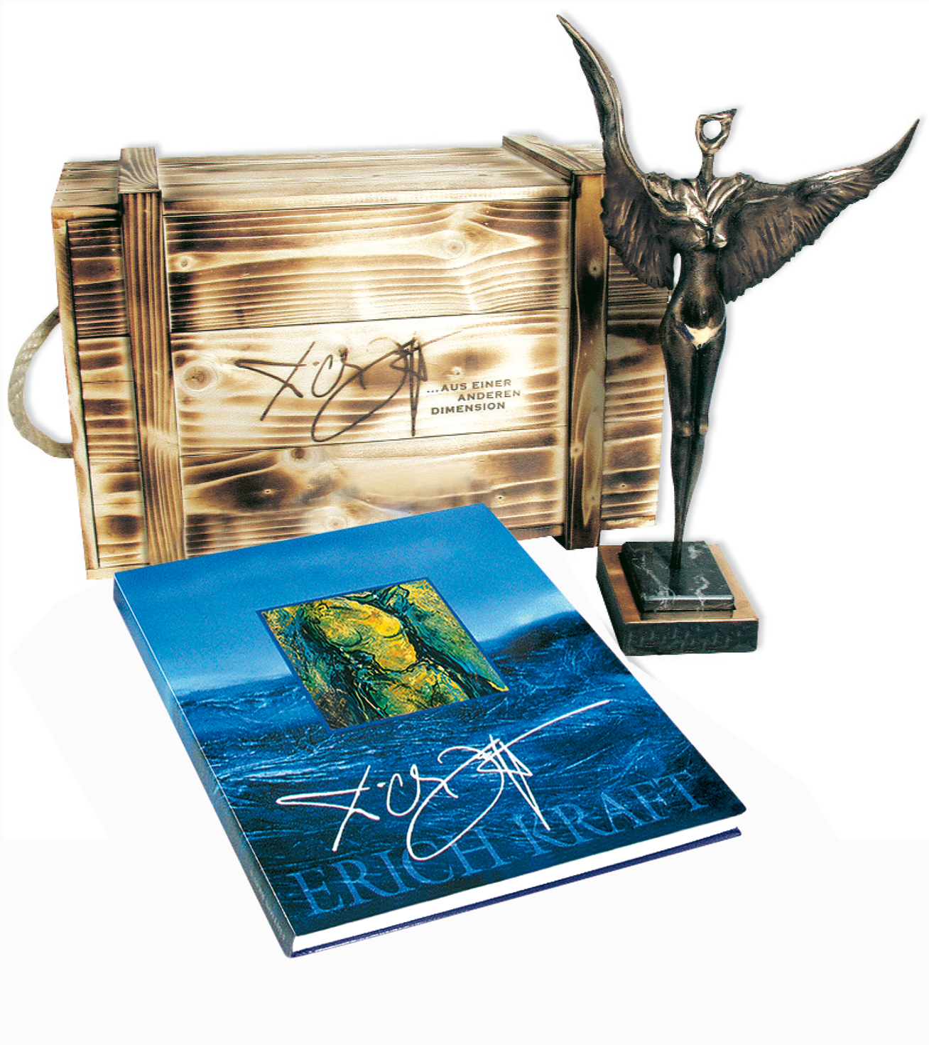 Surrealistische Bronzefigur in Geschnk-Hiolzkiste und Buch über Erich Kraft
